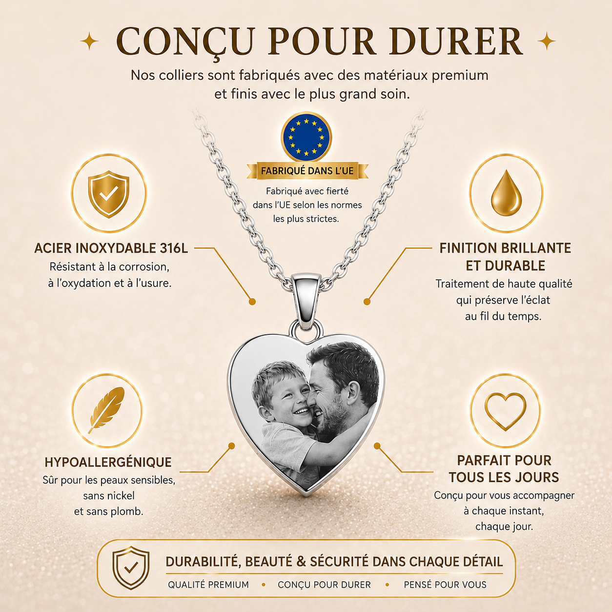 À Jamais dans Mon Cœur – Collier gravé en acier inoxydable